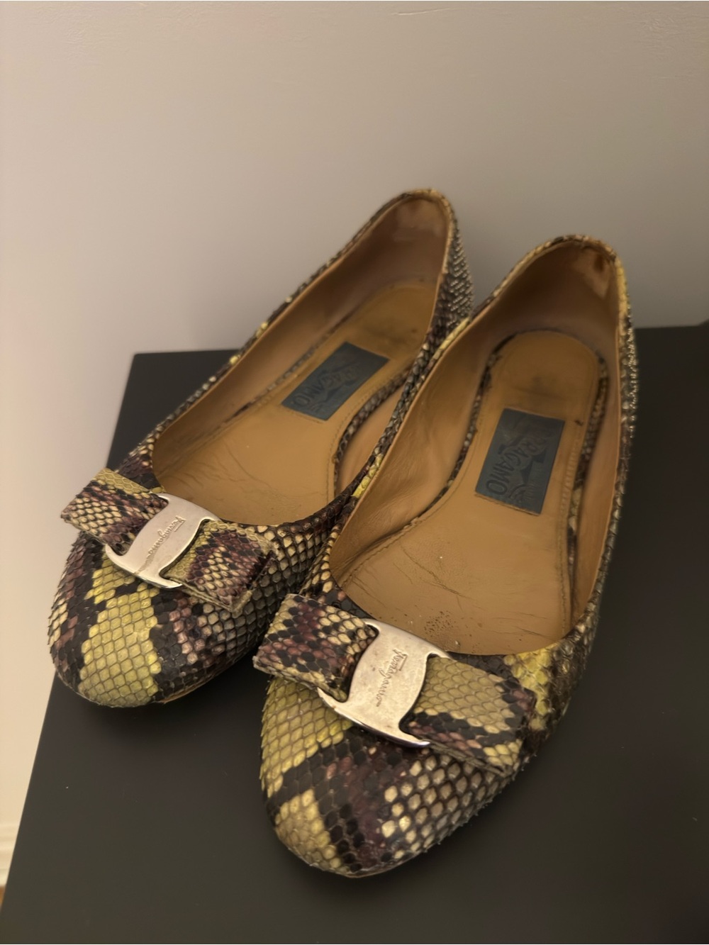 Salvatore Ferragamo Yellow and Brown Python-Print Vara Bow Flats